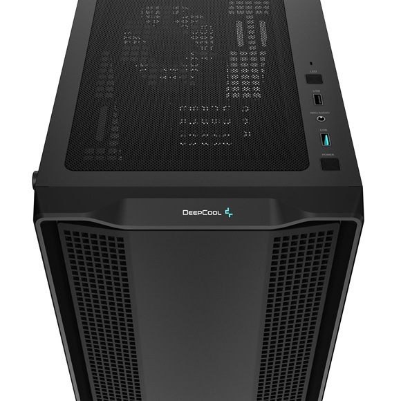 Case DeepCool CC360 ARGB čierna Detail obrázku hornej časti PC skrine.