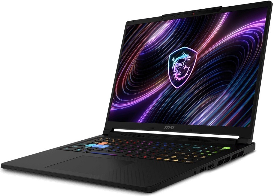 Notebook MSI Raider A16 HX B8WI-005XCZ čierny Pohľad šikmo zo strany na notebook Raider A16 HX B8W s modernou grafickou kartou