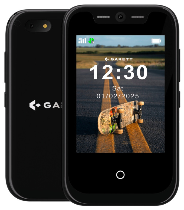 Mobilný telefón Garett Smartphone OneKid čierny Detský mobilný telefón Garett Smartphone OneKid spredu aj zozadu v čiernom prevedení