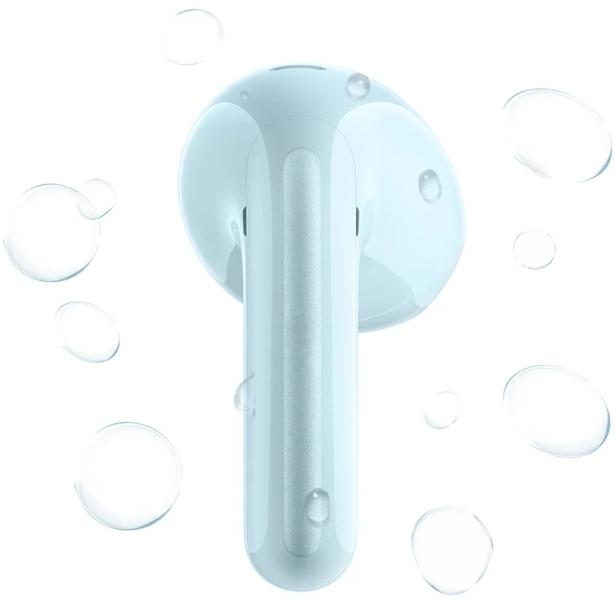 Slúchadlá Xiaomi REDMI Buds 8 Active modrá Slúchadlo s kvapkami vody ilustruje vysokú odolnosť modelu Buds 8 Active