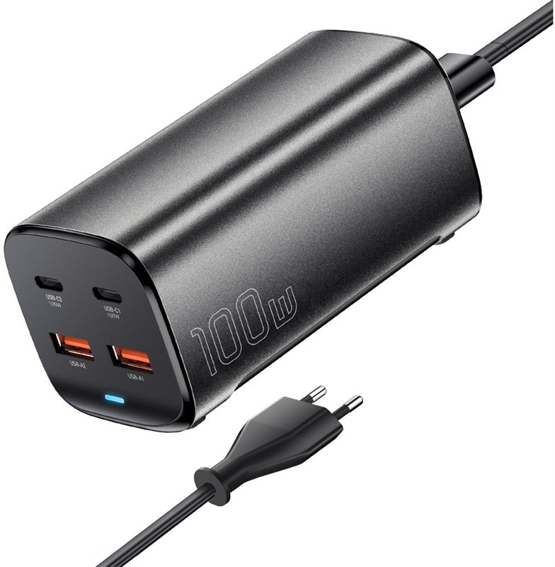 Nabíjačka do siete Essager 100W, GaN, 2x USB-C, 2xUSB-A v čiernej farbe