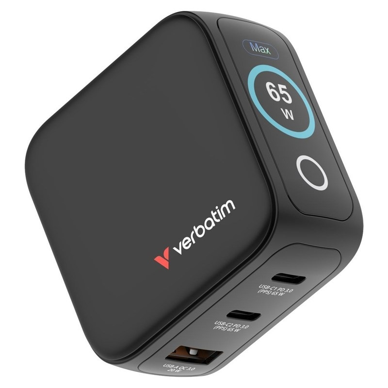 Napájací adaptér Verbatim Mini GaN LCD, 2x USB-C PD 65 W, 1x USB-A QC 3.0″ width=