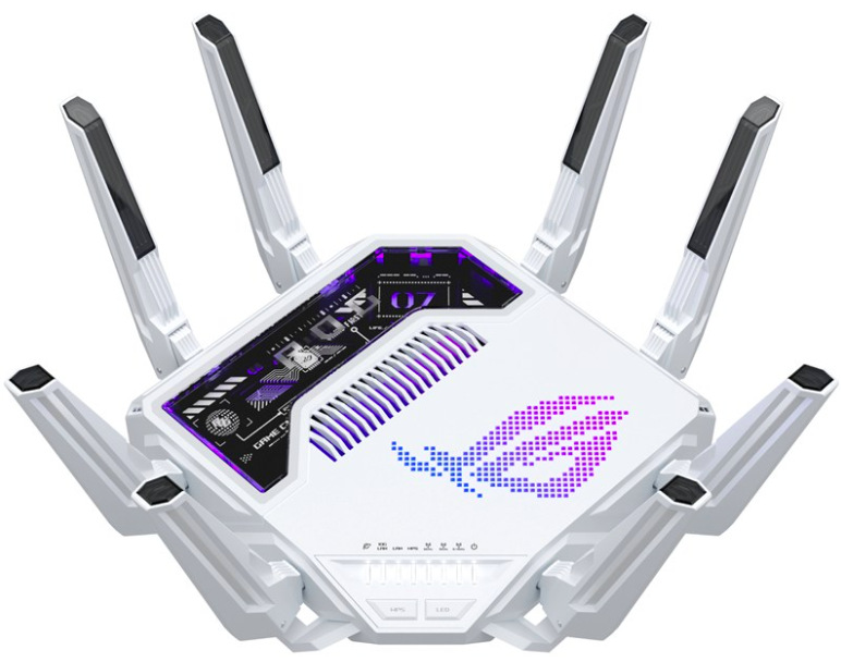 Herný router ASUS ROG Rapture GT-BE19000AI s Wi-Fi 7, ôsmimi anténami, biely design