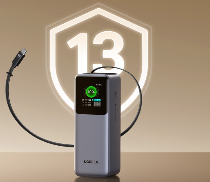 Powerbank UGREEN 20000 mAh, 165W sivý Powerbanka UGREEN 20 000 mAh s integrovaným káblom a symbolom 13 ochranných prvkov
