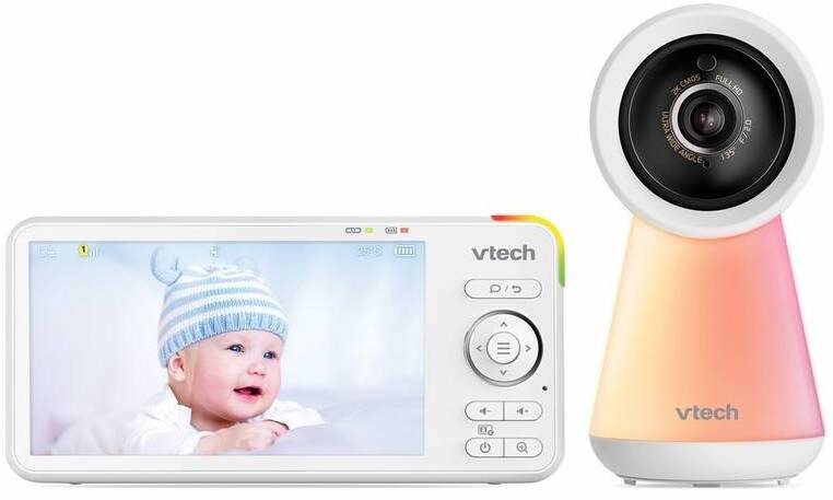 Detská elektronická pestúnka Vtech RM5756HD biela Detail rodičovskej jednotky s 5" displejom, ovládacími tlačidlami a kamerou so širokouhlým objektívom a farebným podsvietením