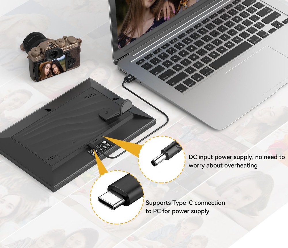 Fotorámik digitálny Kodak RCF-1018 sa napája cez AC 100-240 V alebo USB-C konektor