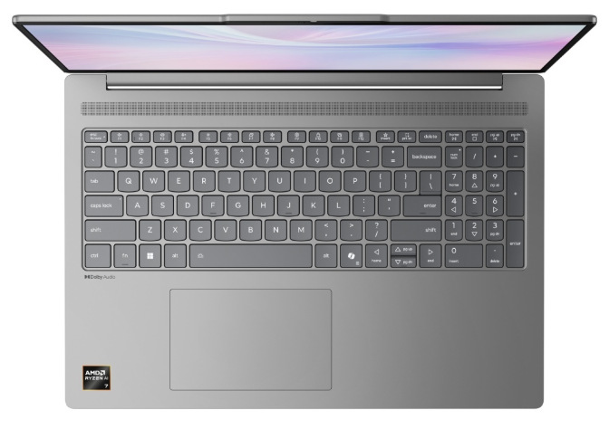 Notebook Lenovo IdeaPad Slim 5 16AKP10 sivý Detail klávesnice s numerickou časťou a touchpadu sivého notebooku Lenovo IdeaPad Slim 5″ width=