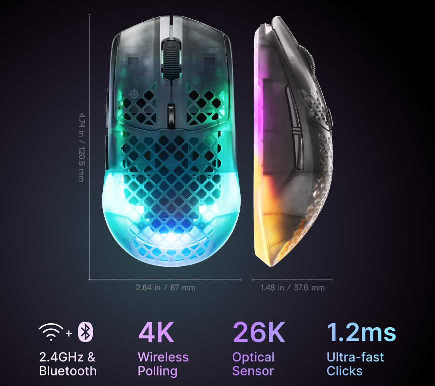 Myš SteelSeries Aerox 3 Wireless Gen 2 - Shadow čierna Rozmery a profil ľahké bezdrôtové herné myši