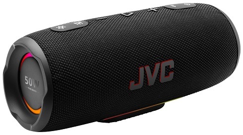 Čierny prenosný reproduktor JVC XS-E425B so zapnutými LED svetlami a logom JVC