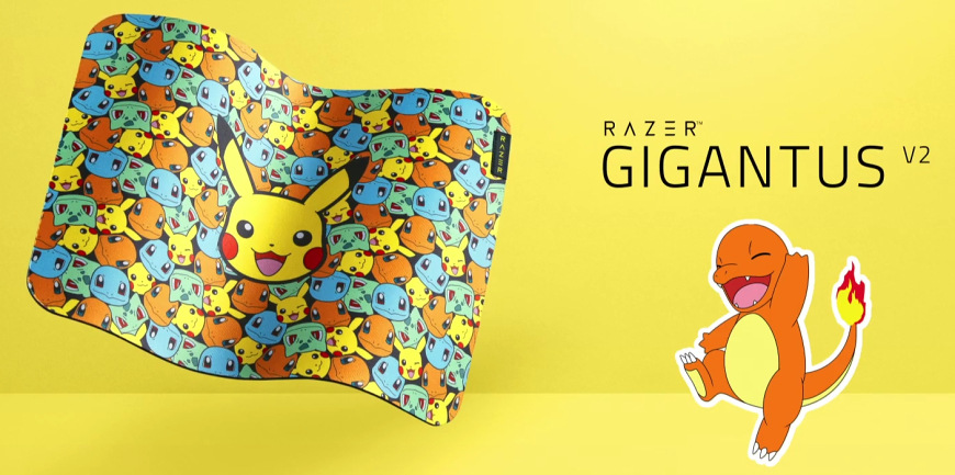 Podložka Razer Gigantus V2 Pokémon Kanto Starters s veľkým motívom Pikachu na žltom pozadí