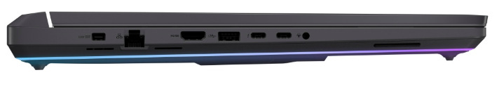 Bočný panel notebooku s portami RJ45, HDMI, USB-C a napájacím konektorom