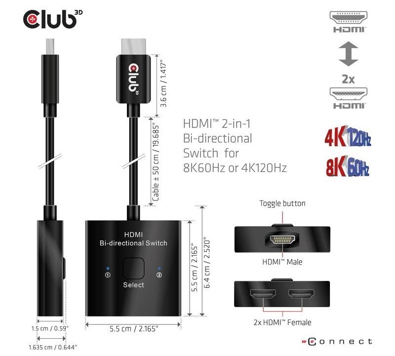 Redukcia Club3D HDMI / 2x HDMI 2v1, 8K60Hz, 4K120Hz - čierna