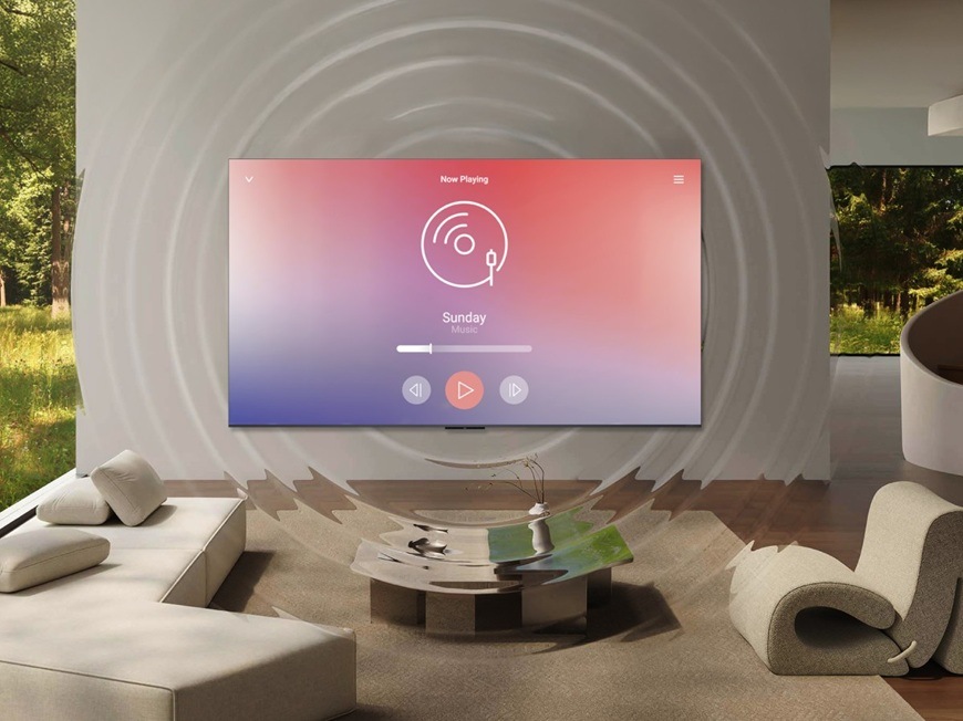 Televízor TCL 75C8L Televízia TCL 75C8L v modernej obývacej izbe prehráva hudbu, vizuálne znázornenie priestorového zvuku a kvalitného audio výkonu.