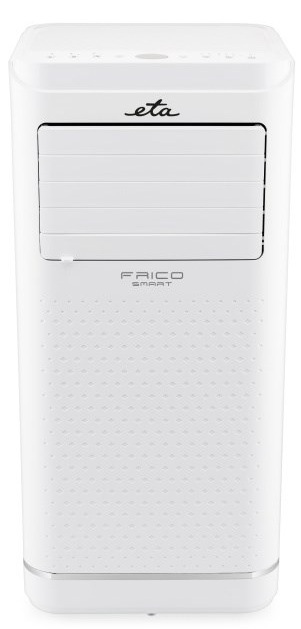 Čelný pohľad na modernú bielu mobilnú klimatizáciu ETA Frico Smart na bielom pozadí. Na hornej časti je vidieť logo ETA, pod ním nápis FRICO SMART. Zariadenie má lamely pre výfuk vzduchu a perforovanú spodnú časť