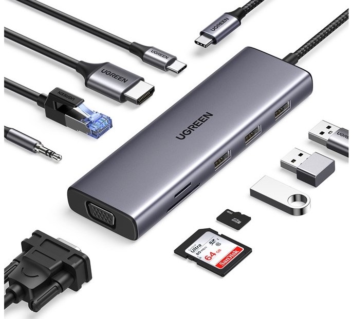 Dokovacia stanica UGREEN USB-C/3×USB, SD, VGA, 3,5mm Jack, RJ45, HDMI sivá