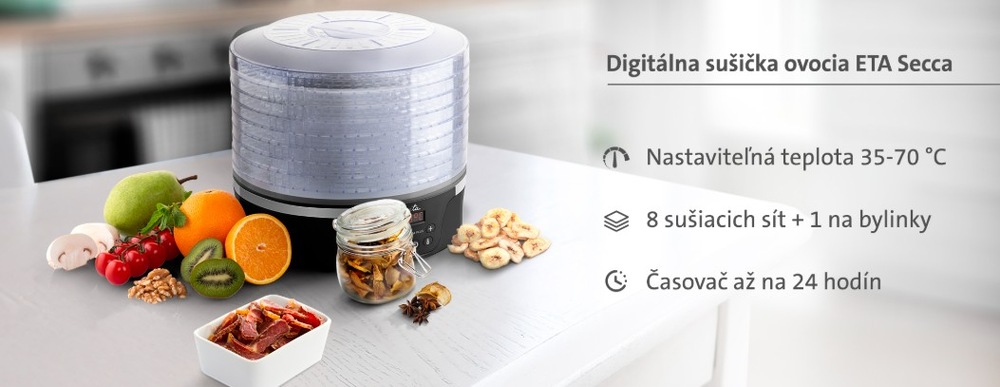 Sušička ovocia ETA Secca Plus 8301 90000 čierna Banner s digitálnou sušičkou ovocia ETA Secca Plus, ktorá ukazuje kľúčové parametre: Nastaviteľná teplota 35-70 ° C, 8 sušiacich sít + 1 na bylinky a Časovač až na 24 hodín.