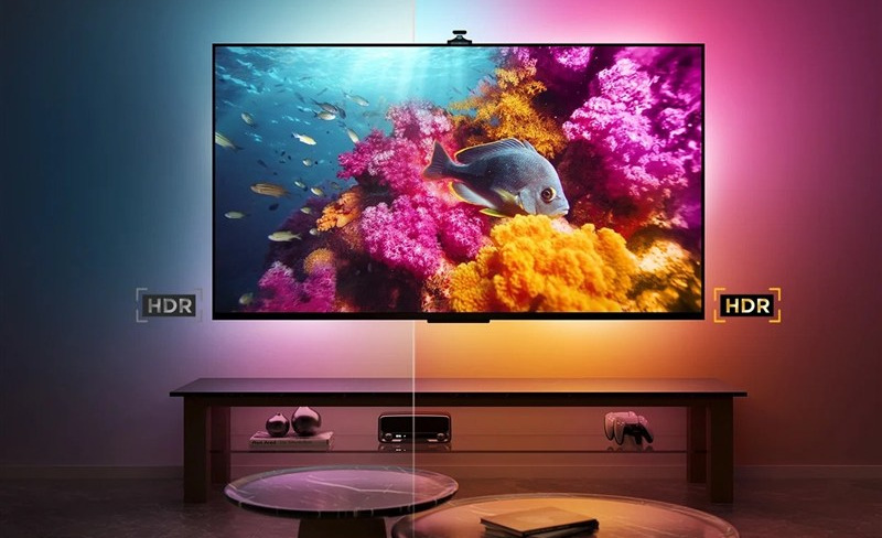 Priestor za obrazovkou nasvietený pomocou pásky bez HDR vs HDR LED pásikom Govee TV Backlight 3 Pro 75-85" RGBIC