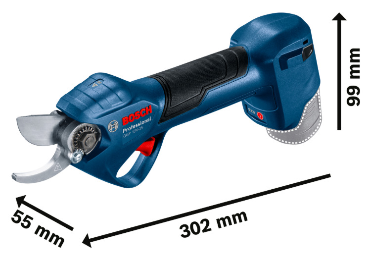Rozmery nožníc Bosch Professional GGP 12V-25 s dĺžkou 302 mm a výškou 99 mm