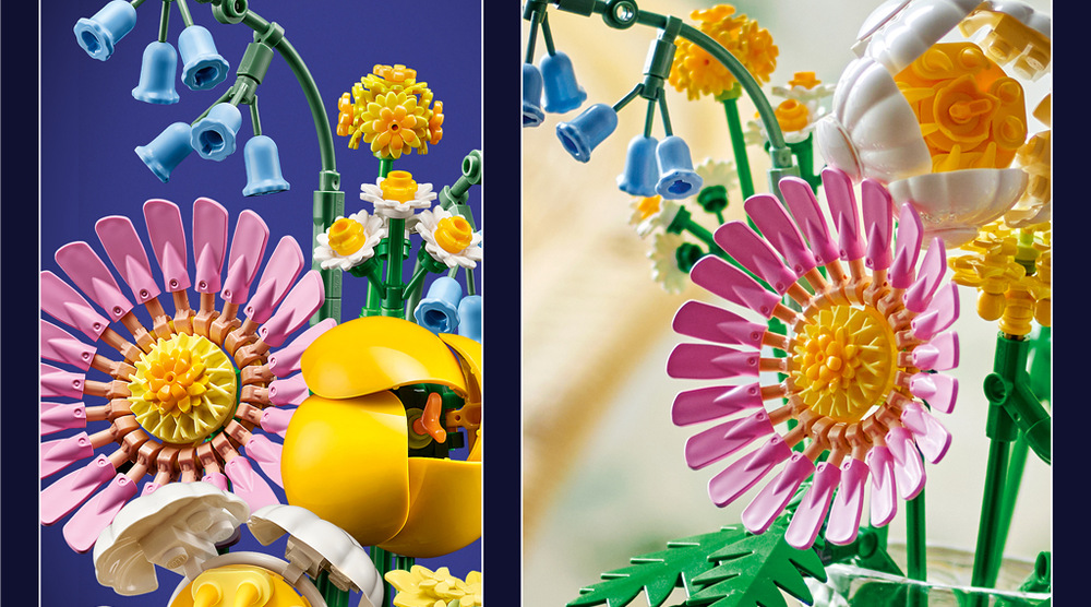 Stavebnica LEGO® Botanicals 10347 Drobná slunečná kytice Nastaviteľné stonky umožňujú meniť sklon aj rozmiestnenie kvetov a vytvoriť zakaždým trochu inak vyzerajúcu kyticu.