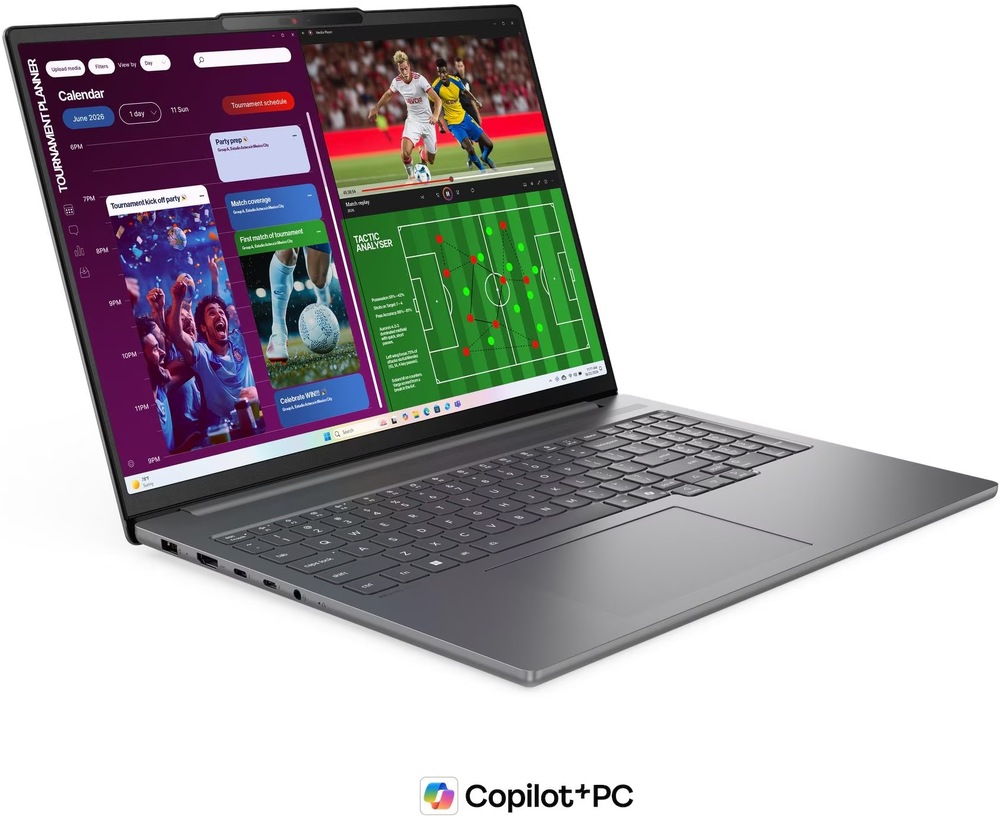 Lenovo IdeaPad Pro 5 s obrazovkou zobrazujúcou pracovné prostredie a logom Copilot+ PC