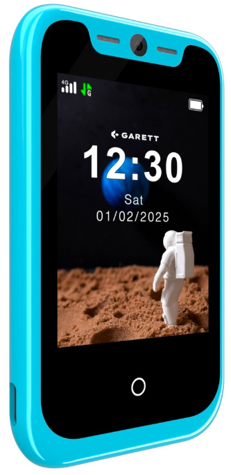 Detailný šikmý pohľad na prednú stranu telefónu Garett Smartphone OneKid v modrej farbe