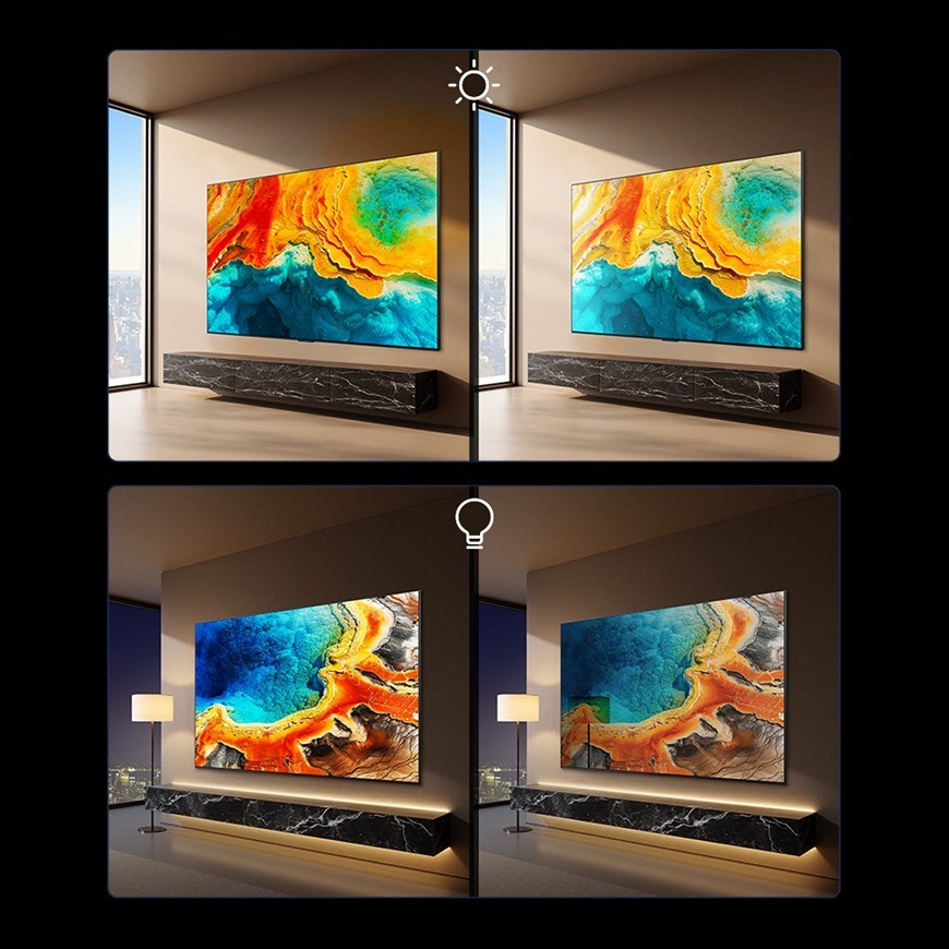 Televízor TCL 115RM9L Televízia TCL 115RM9L automaticky optimalizuje jas a kontrast podľa okolitého osvetlenia, aby bol obraz dobre čitateľný cez deň aj v noci.