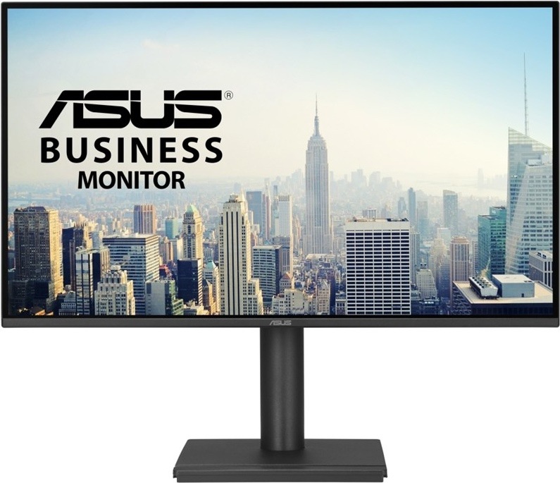 Na obrázku je monitor Asus BE27AQ 27" v tmavo šedom prevedení z čelného pohľadu. Má tenké rámčeky po stranách aj hore a širšiu spodnú lištu s logom Asus uprostred. Monitor stojí na jednoduchom valcovom stojane s hranatou plochou základňou. Konštrukcia pôsobí striedmo a kancelársky, bez výrazov.