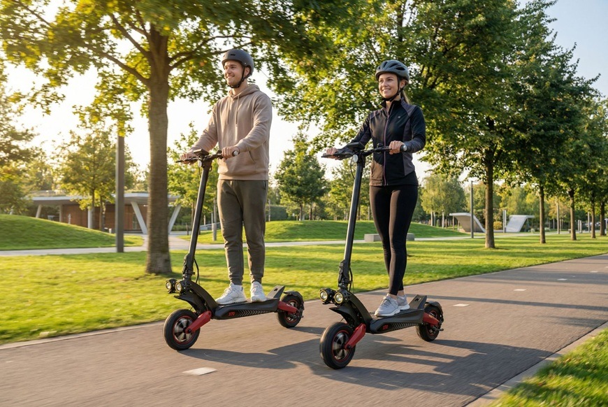 Elektrická kolobežka Sencor SCOOTER X70 čierna Dvojica jazdcov na elektrických kolobežkách Sencor SCOOTER X70 pri jazde po mestskej cyklotrase.