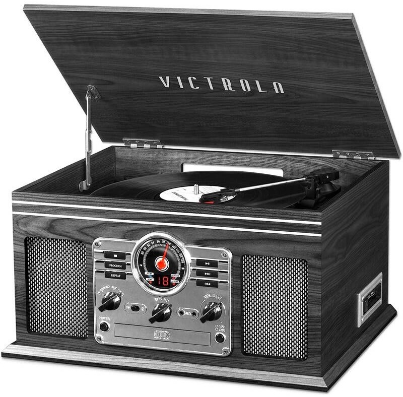 Retro gramofón Victrola Empire, šedý drevený dekor, otvorené veko