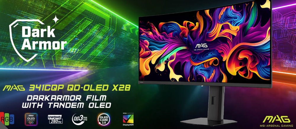 Herný monitor MSI MAG 341CQP QD-OLED X28 s vypísanými základnými parametrami a výbavou, ktorú ponúka.