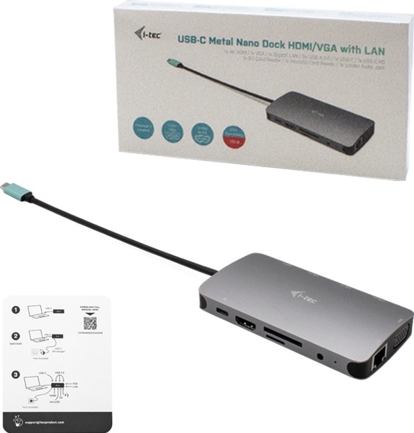 Dokovacia stanica i-tec s integrovaným USB-C káblom, balením a stručným návodom.