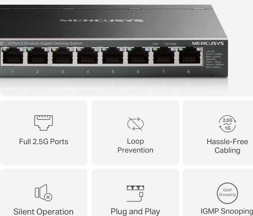 Switch Mercusys MS108GS-M2 (MS108GS-M2) čierny Switch Mercusys MS108GS-M2 s prehľadom funkcií: osem 2,5 Gb/s portov, Loop Prevention, Plug and Play, IGMP Snooping a tichá prevádzka.