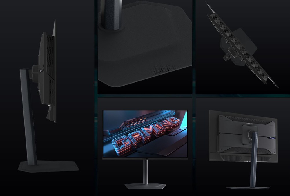 Herný monitor GIGABYTE MO27Q2A čierny Koláž elegantného čierneho herného monitora zobrazeného z rôznych uhlov, s dôrazom na jeho štíhly profil, texturovanú základňu a displej s 3D grafikou.