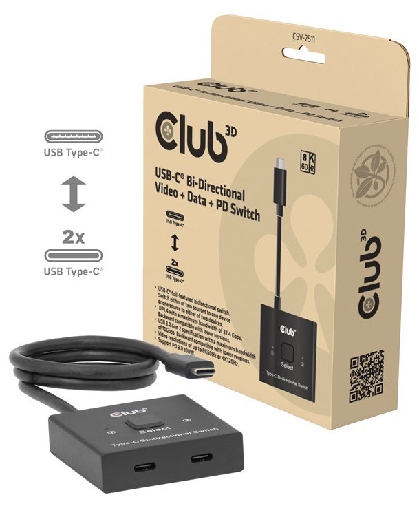 Redukcia Club3D Switch USB-C / 2xUSB-C Obojstranný 2v1, PD 100W čierna