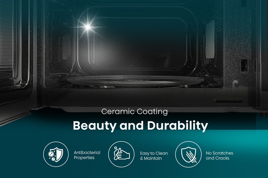 Mikrovlnná rúra Hisense H23MOBSD2H4 čierna Pohľad do vnútornej časti mikrovlnnej rúry Hisense H23MOBSD2H4. V spodnej strane sú znázornené hlavné výhody keramického povrchu.