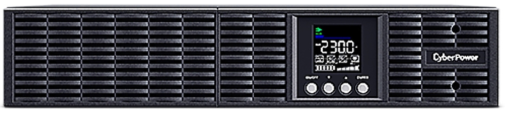 Záložný zdroj CyberPower Professional Advanced OnLine S 1000VA/900W,2U čierny Na obrázku je čierny rackový UPS zdroj CyberPower v nízkom 2U prevedení z čelného pohľadu. Predný panel tvorí široká ventilačná mriežka, uprostred malý LCD displej s hodnotou 230,0 a pod ním štyri ovládacie tlačidlá. Vpravo je logo CyberPower a celé zariadenie pôsobí profesionálne a robustne na serverové použitie.