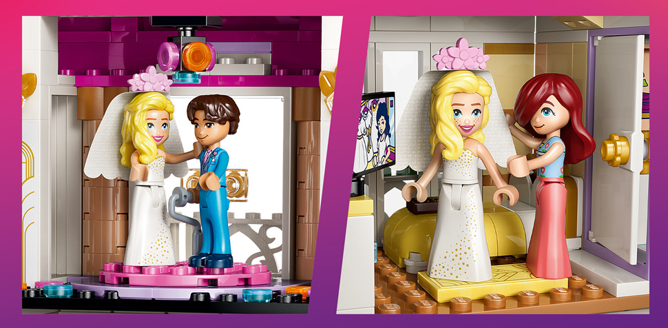 Stavebnica LEGO® Friends 42704 Grandhotel v mestečku Heartlake V lobby, izbách aj spoločenskom priestore môžu deti rozohrávať nové situácie a vytvárať vlastné hotelové dobrodružstvá.