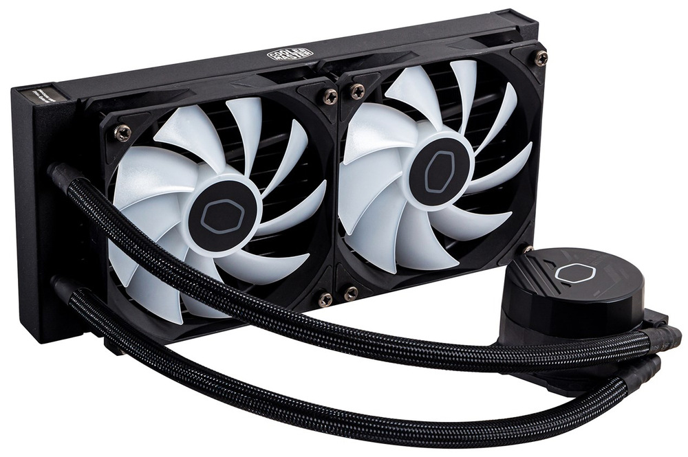 Vodný chladič Cooler Master MasterLiquid ML240L Core ARGB Fotografie vodného chladiča s vypnutými ARGB ventilátormi. Dve hadice a pumpa s medenou podložkou.