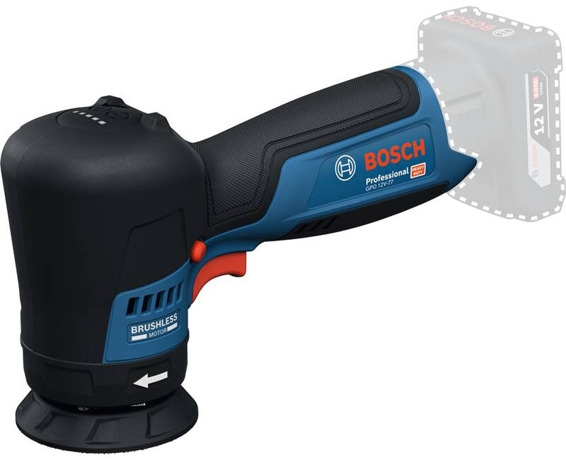 Leštička Bosch Professional GPO 12V-77 bez akumulátora v detailnom bočnom pohľade s viditeľným bezuhlíkovým motorom