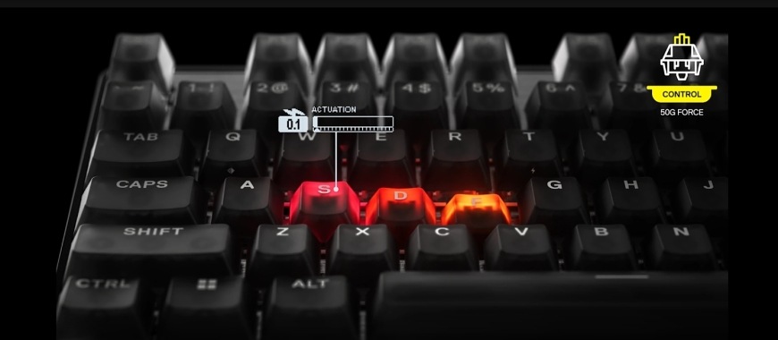 Klávesnica SteelSeries Apex Pro TKL Gen 3 Steel - US čierna Detail klávesov Apex Pro TKL Gen 3 Steel s ukazovateľom aktivácie 0,1 mm a označením spínačov Control