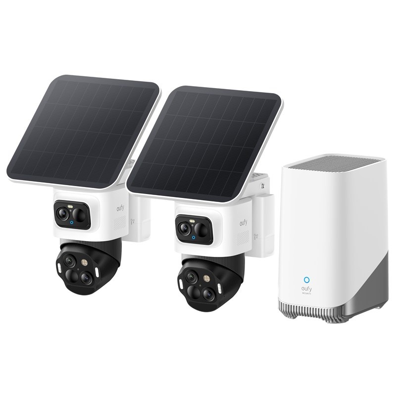 Komplet obsahuje dve IP kamery Anker eufy S4 a centrálnu jednotku HomeBase 3″ width=