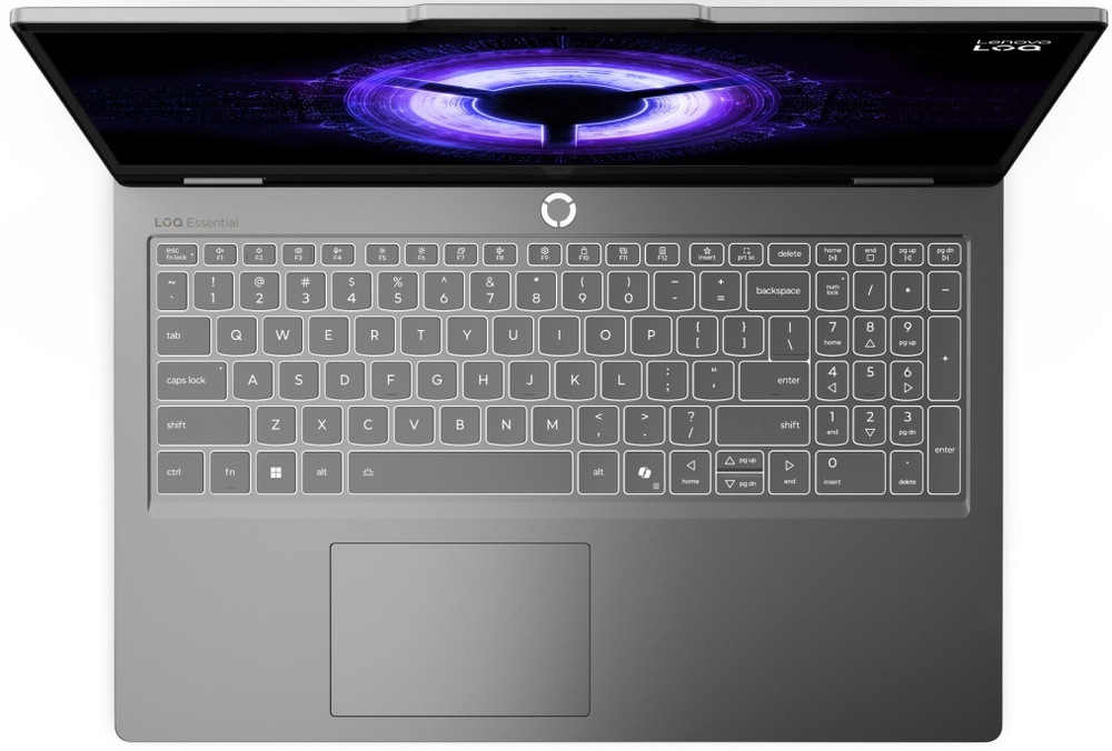 Pohľad zhora na podsvietenú klávesnicu laptopu Lenovo LOQ Essential 15IRX11
