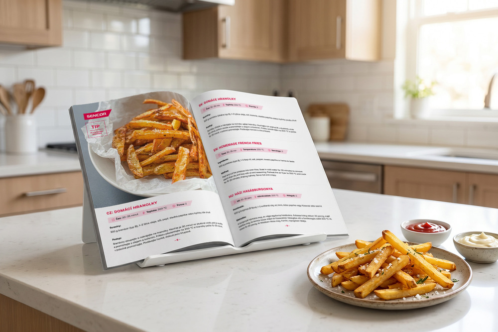 Fritéza teplovzdušná Sencor SFR 6550BK-EUE3 čierna Otvorená kuchárka v kuchyni a hranolky
