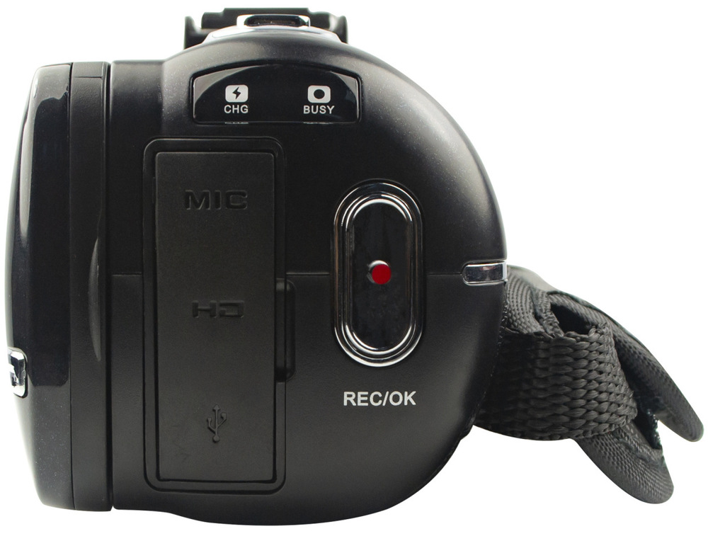 Videokamera AgfaPhoto Realimove CC2700 čierna Bočný panel videokamery AgfaPhoto CC2700 s tlačidlom REC/OK a konektorom USB.