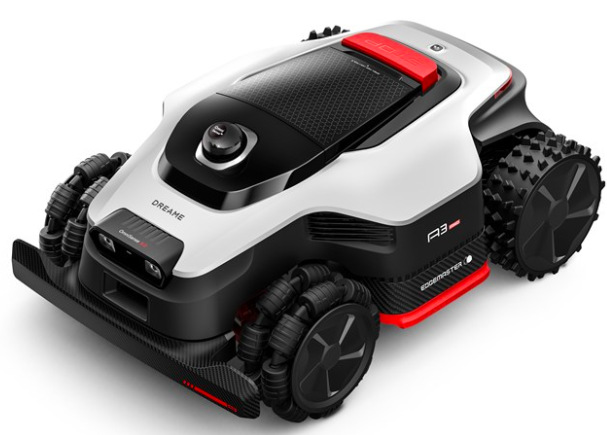 Robotická kosačka Dreame A3 AWD 1000 s pohonom všetkých kolies v čierno-bielej konštrukcii s červenými prvkami