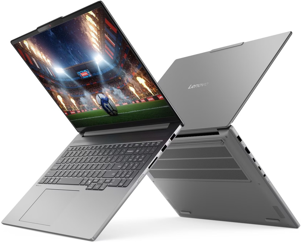 Notebook Lenovo IdeaPad Pro 5 16IPH11 sivý Dva pohľady na otvorený notebook Lenovo IdeaPad Pro 5 s konektormi na ľavom aj pravom boku