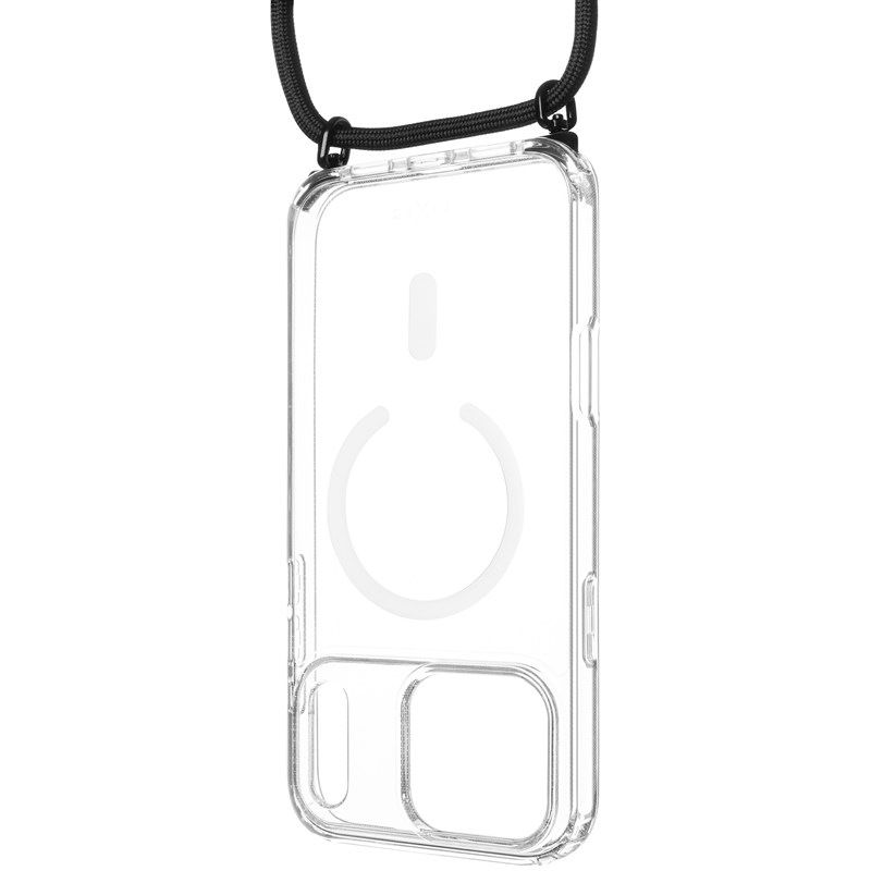 Kryt na mobil FIXED MagPure Neck s čiernou šnúrkou na krk na Apple iPhone 17 Pro Max - priehľadný