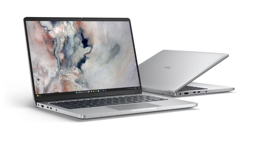 Notebook Dell Pro 14 strieborný Otvorené notebooky v elegantnom striebornom dizajne, z ktorých jeden má žiarivý abstraktný displej. Usporiadanie zdôrazňuje tenkosť a modernosť.