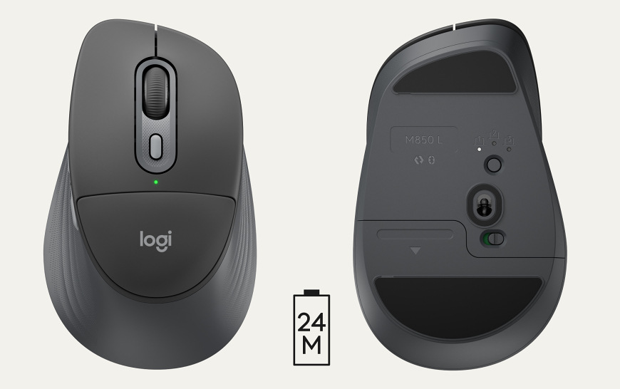 Pohľad zhora a zospodu na Logitech Signature M850 L Wireless s výdržou batérie až 24 mesiacov