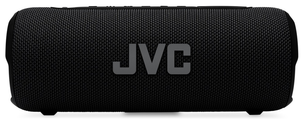 Predný pohľad na čierny Bluetooth reproduktor JVC XS-E325B s výrazným logom na textilnom povrchu a ovládacími tlačidlami na hornej strane